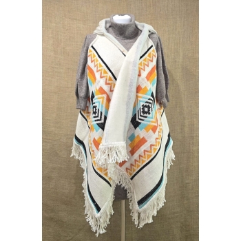 Poncho ekwadorskie - kamizelka ze 100% wełny owczej w odcieniu biało pomarańczowym .